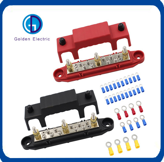 Bus Bar 1/4′′ Post Distribution Block 10X#8 Screw Terminal Busbar Stud Set with Ring Terminals